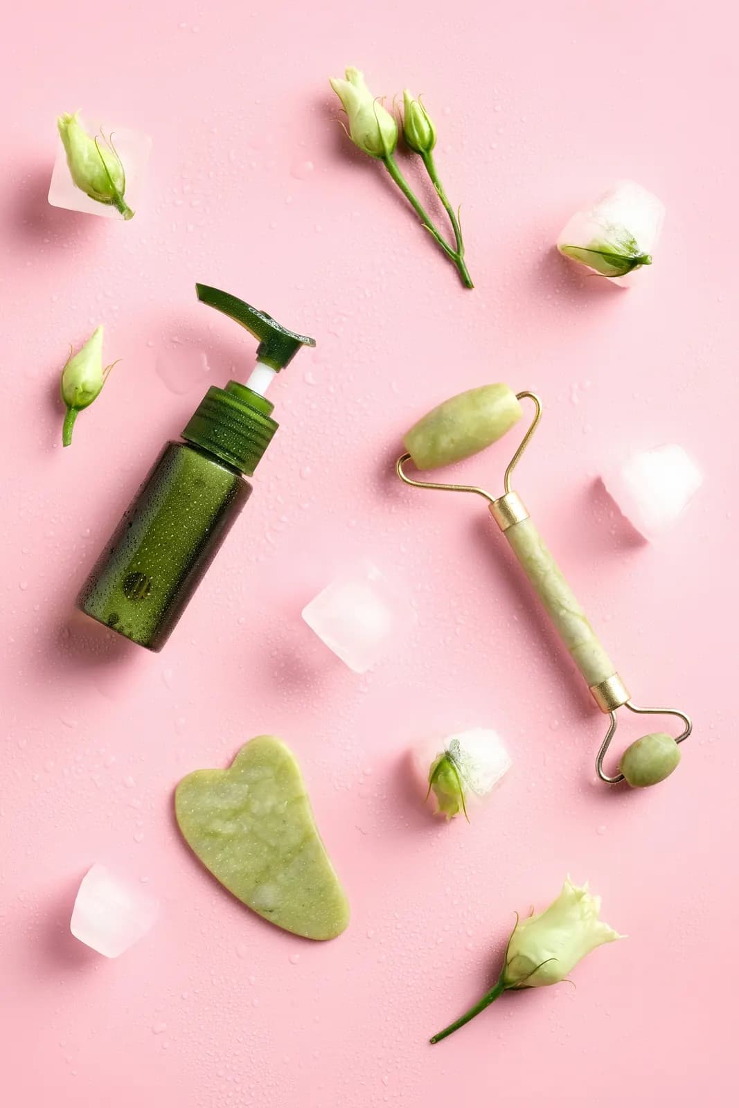 Rouleau de jade, gua sha et flacon sur fond rose